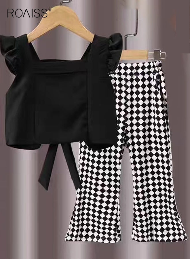 roaiss Toddler Girls Camisole and Pants Set, Stylish Summer Outfit with Backless Sleeveless Top and Plaid Flared Pants, 2 Piece Comortable Clothing Set for Little Girls  - Image 1