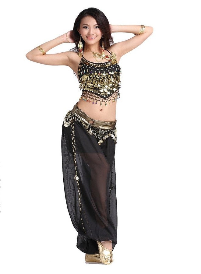 ZLTdream Lady's Belly Dance Chiffon Banadge Top and Lantern Coins Pants Black, One Size - Image 2