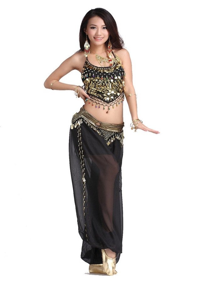 ZLTdream Lady's Belly Dance Chiffon Banadge Top and Lantern Coins Pants Black, One Size - Image 1