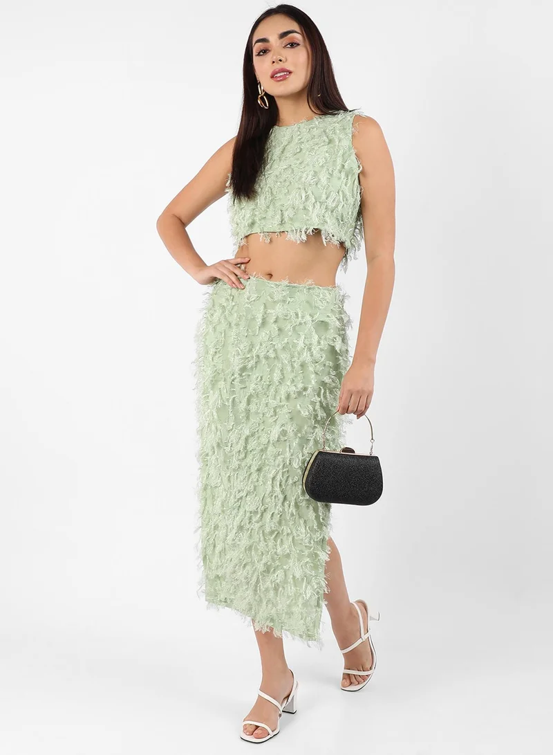 PINACOLADA PINACOLADA Women's Sage Green Tassel Crop Co-Ords For Casual Wear | Round Neck | Sleeveless | Zipper Closure | Co-Ord Set Crafted With Comfort Fit For Everyday Wear