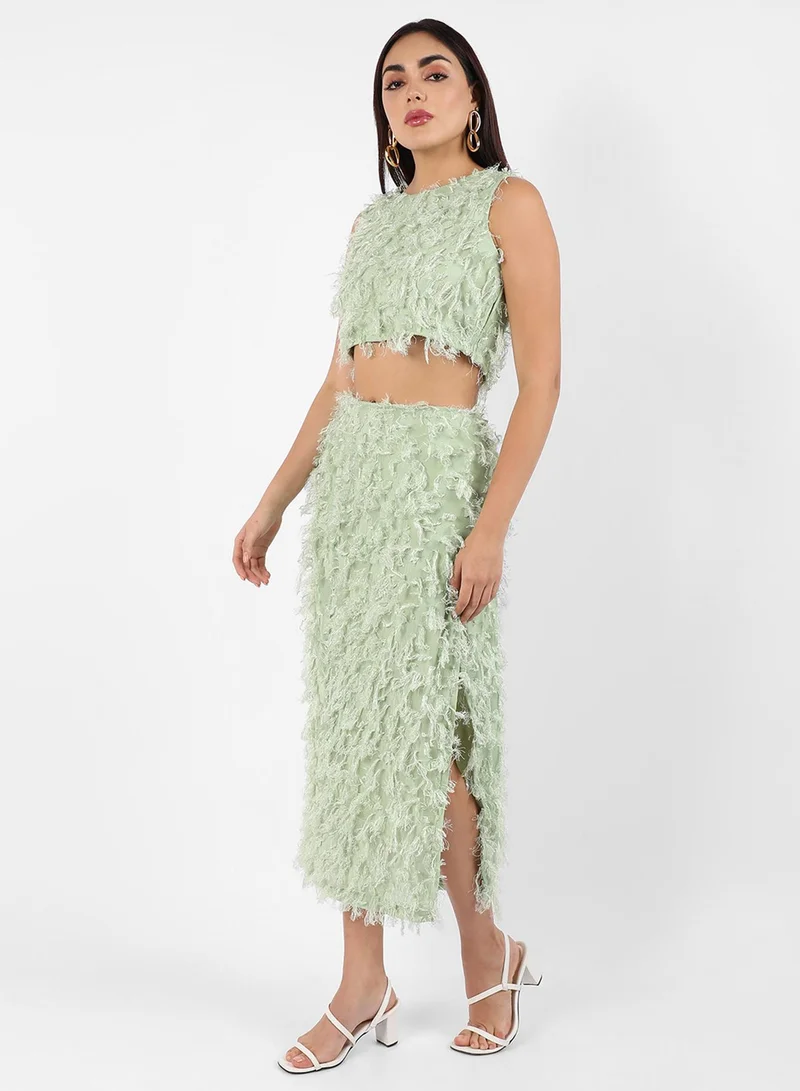 PINACOLADA PINACOLADA Women's Sage Green Tassel Crop Co-Ords For Casual Wear | Round Neck | Sleeveless | Zipper Closure | Co-Ord Set Crafted With Comfort Fit For Everyday Wear