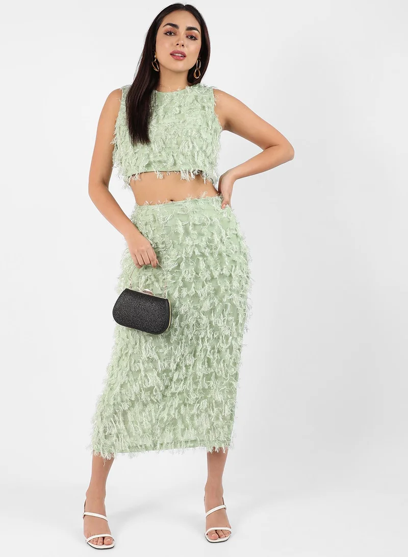 PINACOLADA PINACOLADA Women's Sage Green Tassel Crop Co-Ords For Casual Wear | Round Neck | Sleeveless | Zipper Closure | Co-Ord Set Crafted With Comfort Fit For Everyday Wear