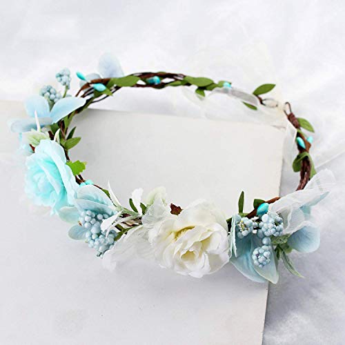 YnimioAOX Handmade Adjustable Flower Wreath Headband Halo Floral Crown Garland Headpiece,B21-Light blue/white - Image 2
