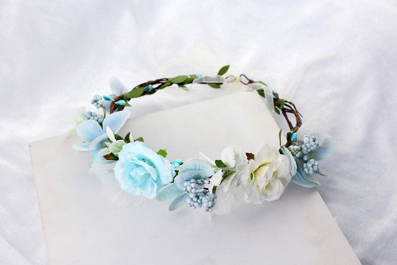 YnimioAOX Handmade Adjustable Flower Wreath Headband Halo Floral Crown Garland Headpiece,B21-Light blue/white - Image 3