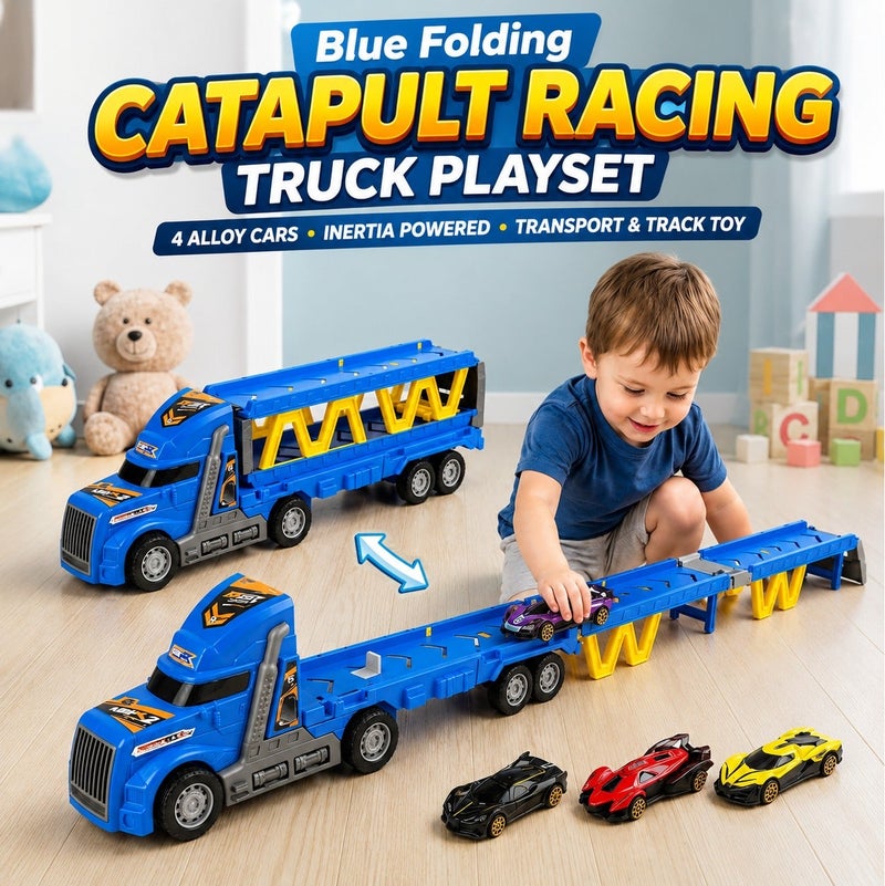 2-in-1 Blue Folding Catapult Racing Truck Playset with 4 Alloy Cars, Inertia Powered Transport Truck and Expandable Race Track Toy for Kids Ages 3+, (36.5 × 7 × 11 cm) - Image 1