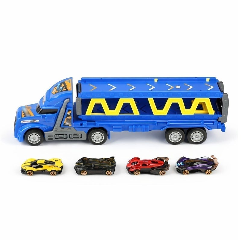 2-in-1 Blue Folding Catapult Racing Truck Playset with 4 Alloy Cars, Inertia Powered Transport Truck and Expandable Race Track Toy for Kids Ages 3+, (36.5 × 7 × 11 cm) - Image 3