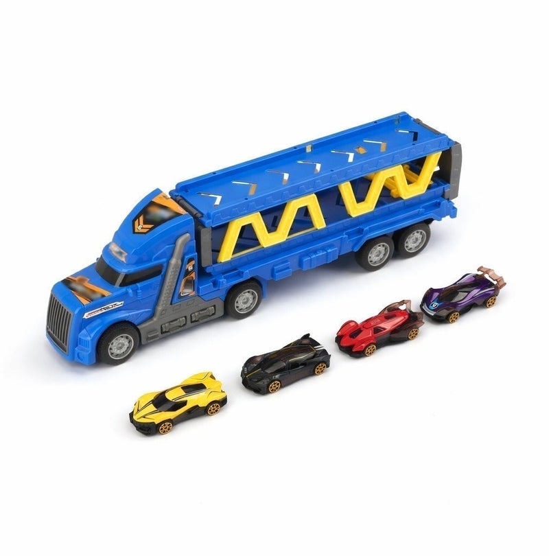 2-in-1 Blue Folding Catapult Racing Truck Playset with 4 Alloy Cars, Inertia Powered Transport Truck and Expandable Race Track Toy for Kids Ages 3+, (36.5 × 7 × 11 cm) - Image 2