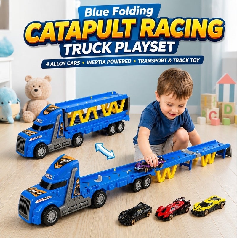 2-in-1 Blue Folding Catapult Racing Truck Playset with 4 Alloy Cars, Inertia Powered Transport Truck and Expandable Race Track Toy for Kids Ages 3+, (36.5 × 7 × 11 cm) - Image 2