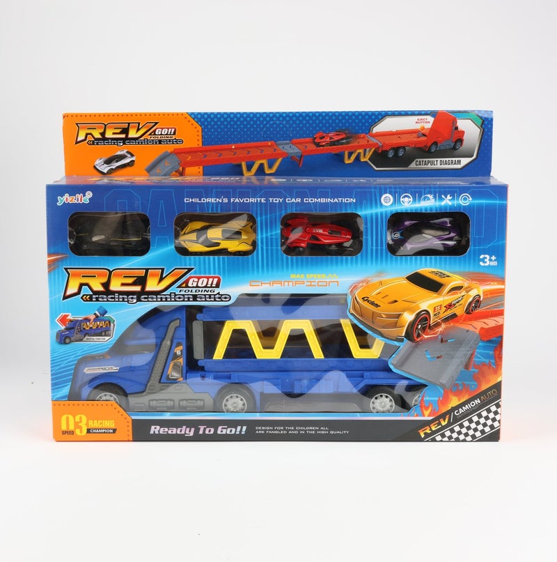 2-in-1 Blue Folding Catapult Racing Truck Playset with 4 Alloy Cars, Inertia Powered Transport Truck and Expandable Race Track Toy for Kids Ages 3+, (36.5 × 7 × 11 cm) - Image 1