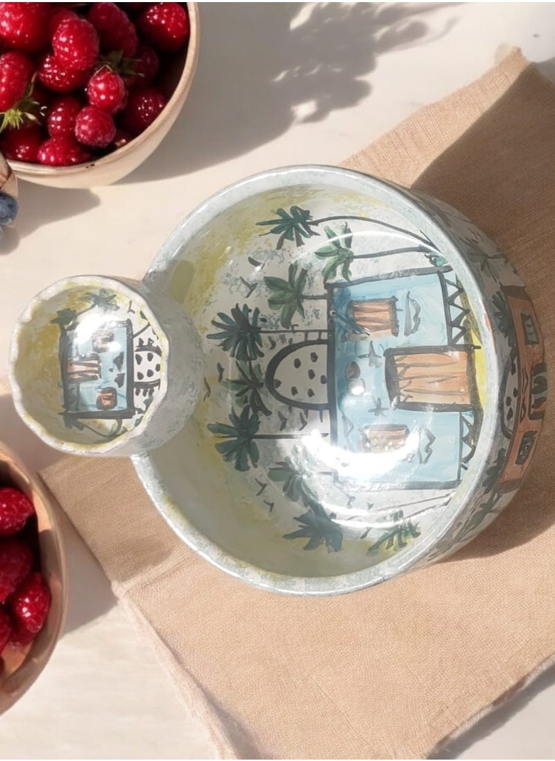Hand-painted pottery and porcelain sauce bowl casserole that can withstand direct and indirect heat, flame or oven.