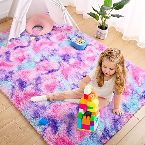 AROGAN Soft Rainbow Area Rugs for Girls Room 3x5 Feet, Fluffy Cute Colorful Princess Carpet for Kids Teens Nursery Toddler,Bedroom Hot Pink - Image 4