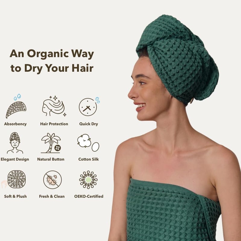 KOSMU 100% Organic Cotton Hair Drying Waffle Towel Wrap for Women | Absorbent & Quick Dry Head Turban for Wet Hair in Shower Sauna Spa, Extra Large for Long Straight Curly Plopping Button (Green, 1 PACK) - Image 3