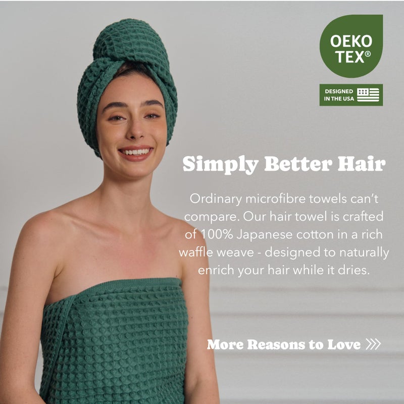 KOSMU 100% Organic Cotton Hair Drying Waffle Towel Wrap for Women | Absorbent & Quick Dry Head Turban for Wet Hair in Shower Sauna Spa, Extra Large for Long Straight Curly Plopping Button (Green, 1 PACK) - Image 4