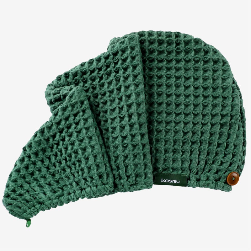 KOSMU 100% Organic Cotton Hair Drying Waffle Towel Wrap for Women | Absorbent & Quick Dry Head Turban for Wet Hair in Shower Sauna Spa, Extra Large for Long Straight Curly Plopping Button (Green, 1 PACK) - Image 2
