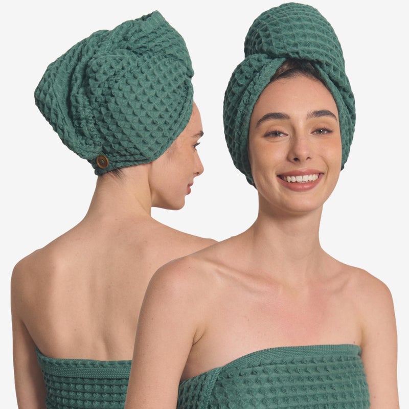 KOSMU 100% Organic Cotton Hair Drying Waffle Towel Wrap for Women | Absorbent & Quick Dry Head Turban for Wet Hair in Shower Sauna Spa, Extra Large for Long Straight Curly Plopping Button (Green, 1 PACK) - Image 1