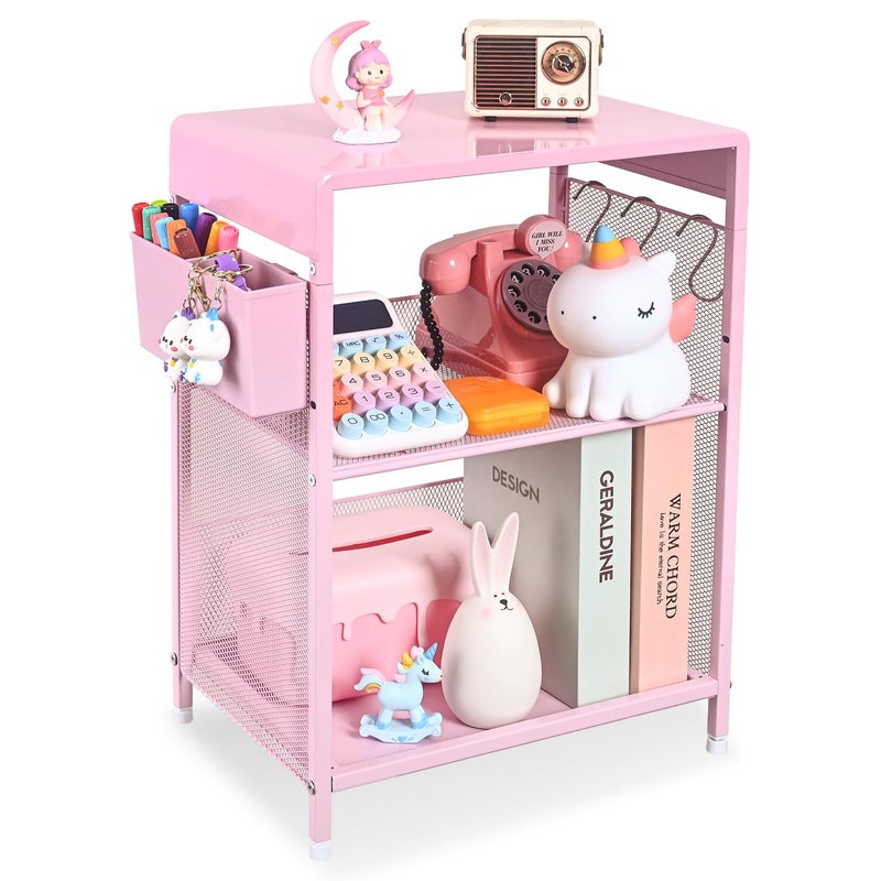 Gugsey Pink Small Nightstand, Kids Nightstand for Bedroom, End Table with Hooks and Holder, Toddler Bedside Table for Girls, Desk Organizer for Office, Dorm (Pink) - Image 1
