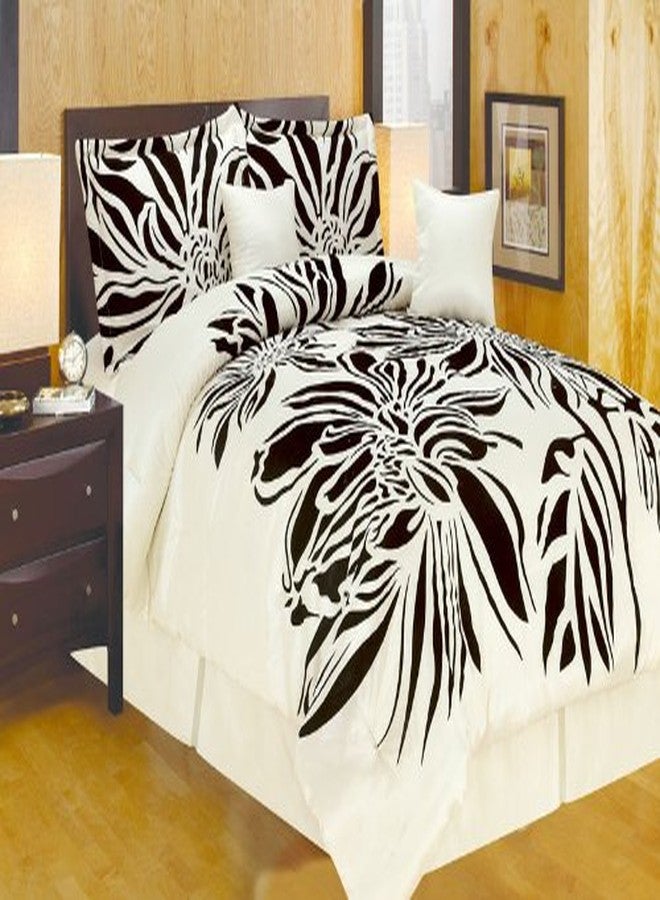 OctoRose Oversize Queen Faux Silk Modern Beige Black Flocking Satin Comforter Set Bedding-in-a-Bag.