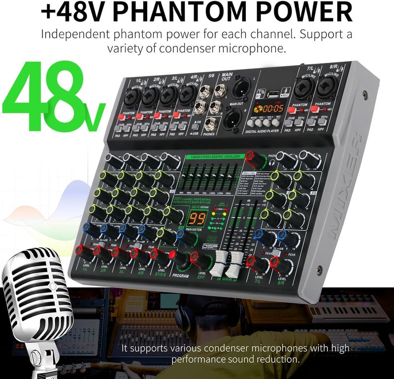 da.beatz. DaBeatz 8 Channel Audio Mixer with Bluetooth USB & DSP Effects | 99 DSP, 7-Band EQ, PAD/HPF, 48V Phantom Power | Professional DJ Sound Mixer for Studio, Karaoke, Live & Recording Setup - Image 2