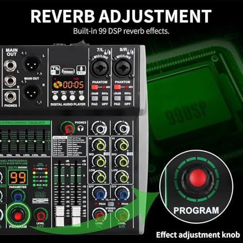 da.beatz. DaBeatz 8 Channel Audio Mixer with Bluetooth USB & DSP Effects | 99 DSP, 7-Band EQ, PAD/HPF, 48V Phantom Power | Professional DJ Sound Mixer for Studio, Karaoke, Live & Recording Setup - Image 3