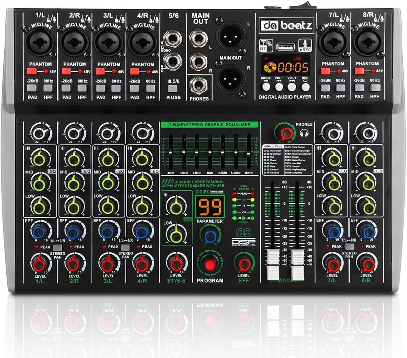 da.beatz. DaBeatz 8 Channel Audio Mixer with Bluetooth USB & DSP Effects | 99 DSP, 7-Band EQ, PAD/HPF, 48V Phantom Power | Professional DJ Sound Mixer for Studio, Karaoke, Live & Recording Setup - Image 1
