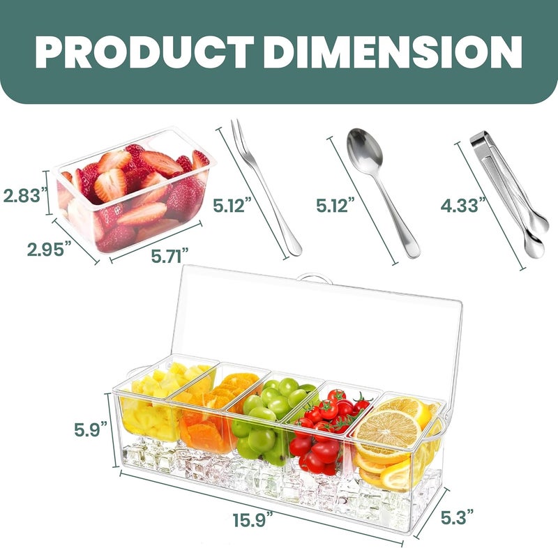 BLIVORRA Large Ice Chilled Condiment Server Caddy with 5 Removable Compartments (2.5 Cup), Clear Garnish Tray with Lids – Fruit, Salad, Taco, Bar Platter – Including Free Stainless Steel Accesories - Image 4