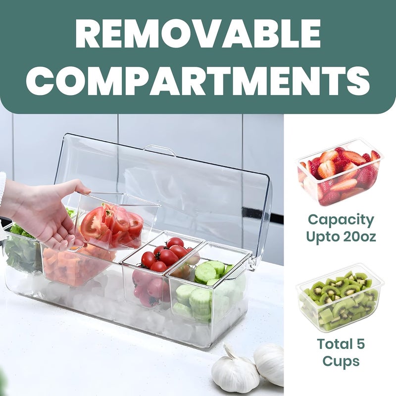 BLIVORRA Large Ice Chilled Condiment Server Caddy with 5 Removable Compartments (2.5 Cup), Clear Garnish Tray with Lids – Fruit, Salad, Taco, Bar Platter – Including Free Stainless Steel Accesories - Image 2