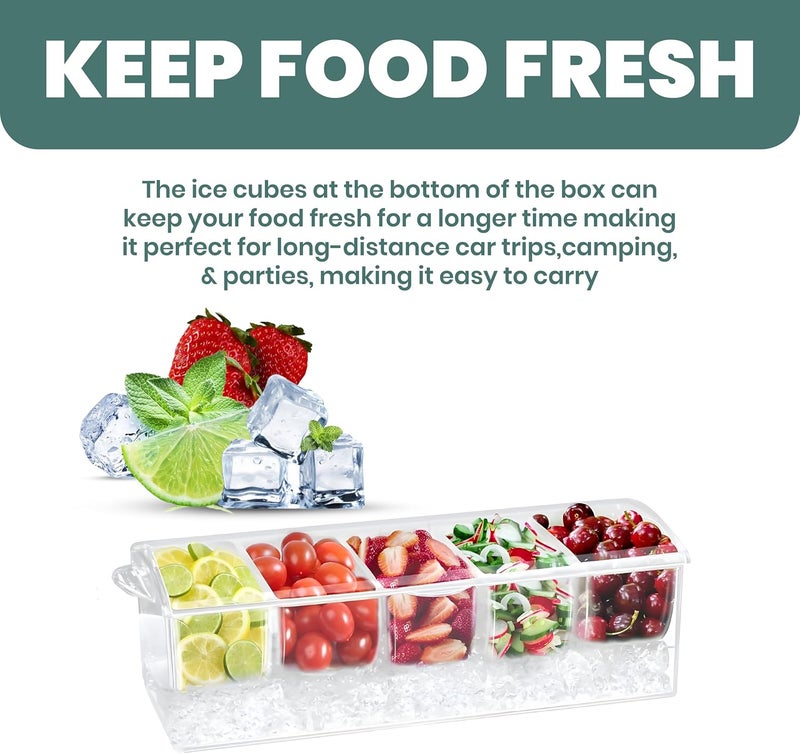 BLIVORRA Large Ice Chilled Condiment Server Caddy with 5 Removable Compartments (2.5 Cup), Clear Garnish Tray with Lids – Fruit, Salad, Taco, Bar Platter – Including Free Stainless Steel Accesories - Image 3