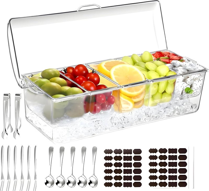 BLIVORRA Large Ice Chilled Condiment Server Caddy with 5 Removable Compartments (2.5 Cup), Clear Garnish Tray with Lids – Fruit, Salad, Taco, Bar Platter – Including Free Stainless Steel Accesories - Image 1