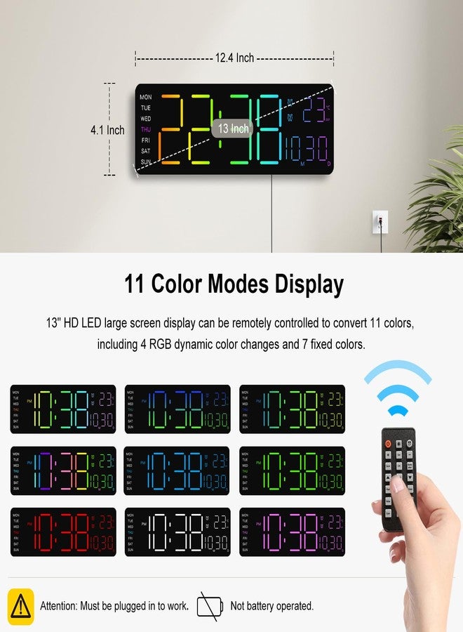 JoFomp LED Digital Clock Large Display with RGB Color Remote Control, 13" Large Digital Wall Clocks for Living Room Decor, Digital Alarm Clock with Temp/Timer/DST/Dimmer/Ambient Light - 12/24H - Image 2