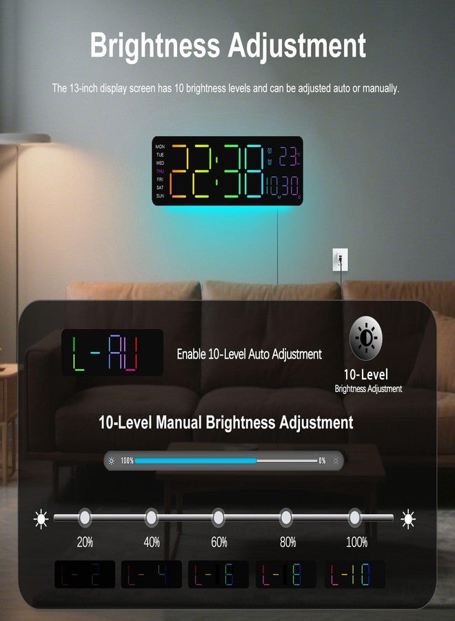 JoFomp LED Digital Clock Large Display with RGB Color Remote Control, 13" Large Digital Wall Clocks for Living Room Decor, Digital Alarm Clock with Temp/Timer/DST/Dimmer/Ambient Light - 12/24H - Image 5