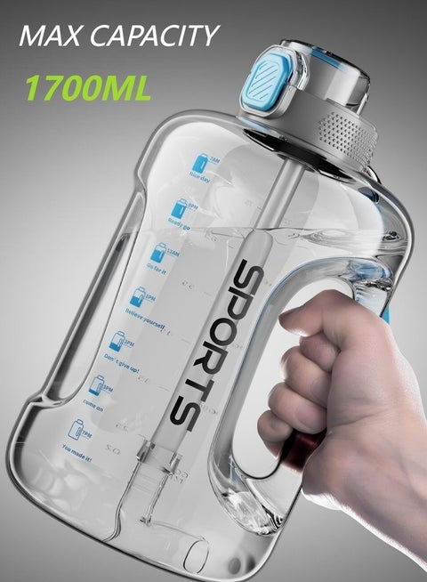 Large Capacity 1.7 L Sports Water Bottle For Men And Women With Straw, Brush, Carrying Cord And Scald Resistant Leather Sleeve