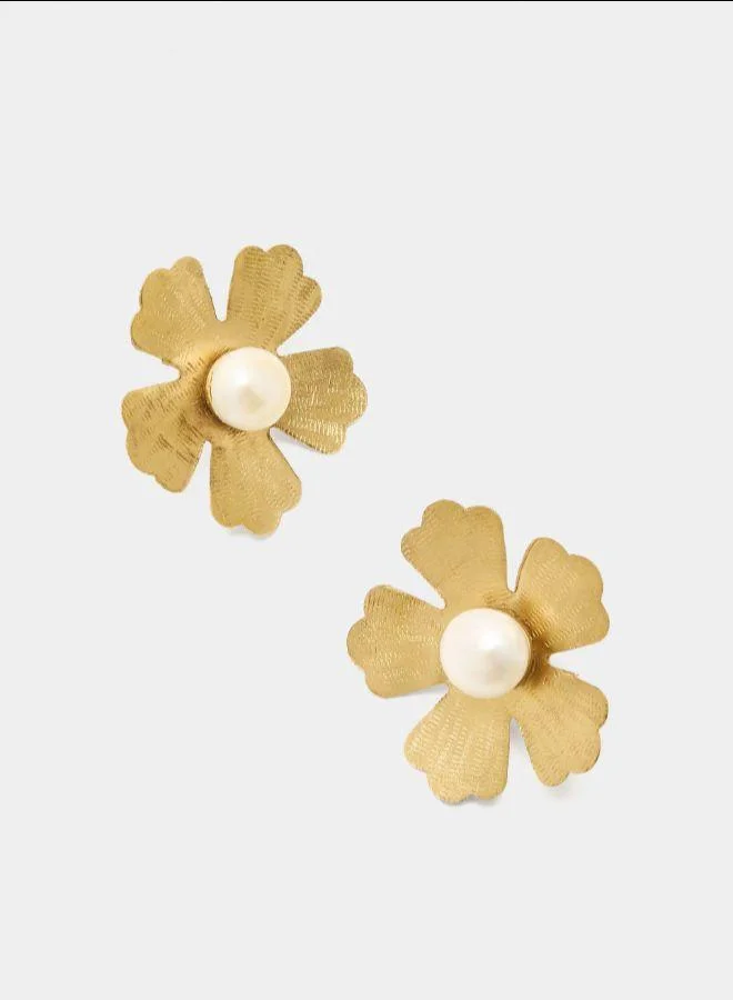 بارفوا أقراط زهور مع لآلئ المياه العذبة ذهبية