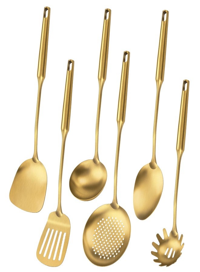 Lazycorner 304 Stainless Steel Cooking Utensil,Kitchen Kitchen Utensil with Spatula, Solid Spoon, Ladle, Skimmer, Spaghetti Spoon, 6 Piece Set, Dishwasher Safe(Gold) - Image 1