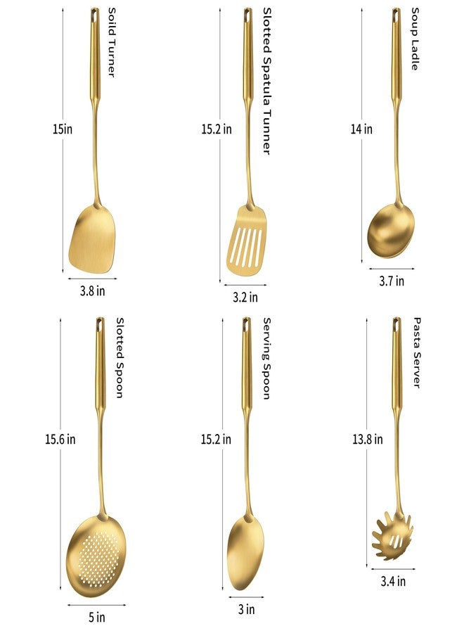 Lazycorner 304 Stainless Steel Cooking Utensil,Kitchen Kitchen Utensil with Spatula, Solid Spoon, Ladle, Skimmer, Spaghetti Spoon, 6 Piece Set, Dishwasher Safe(Gold) - Image 2