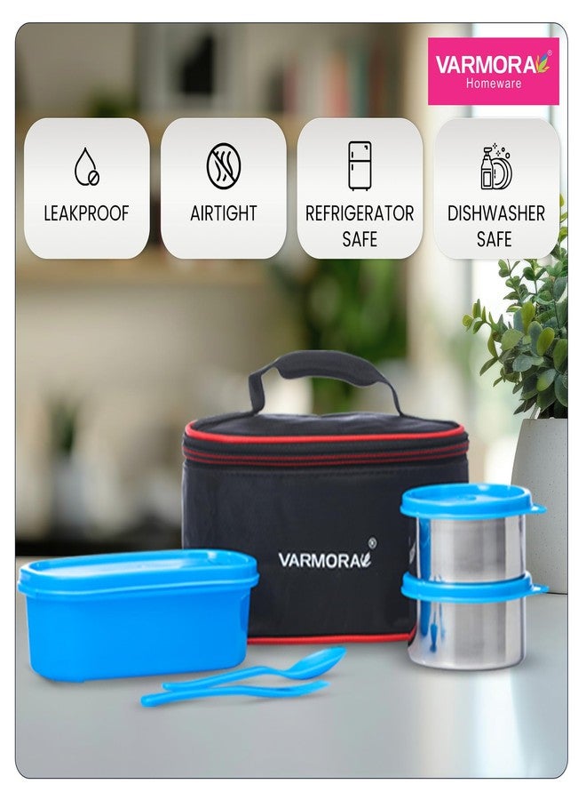 Varmora SS Duo Stainless Steel Lunch Box with 3 Airtight & Leak Proof Containers (240 ml-2 pc and Oval container-550 ml-1 pc) - Blue - Image 4