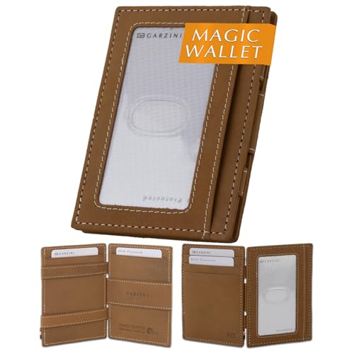 GARZINI Magic Wallet with ID Holder, Minimalist Wallet with RFID card holder, Leather Wallet for 8 cards, Camel Brown - Image 1