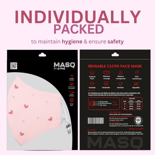 MASQ Hearts 4 Layer, Reusable with Ear Adjusters, Anti-Bacterial (BFE>99%) Embroidered Cotton Cloth Face Mask Combo for Women - Medium (Purple-Pink-Peach, Pack of 3, Without Valve) - Image 3