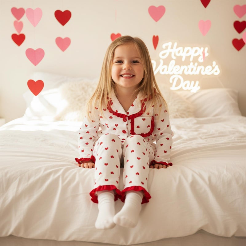 Kuriozud Kids Valentines Day Pajamas Toddler Baby Girl heart Button Down Pjs Tops Pants Little Girls Valentines Pajama Set (Heart Red, 2-3 Years) - Image 3