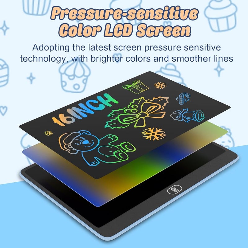 16 Inch LCD Writing Tablet, [Upgraded] Colorful Drawing Tablet Electronic Writing Board, Erasable Reusable Eye Protection Doodle Scribbler Pad, Educational Birthday Christmas Gifts for Kids - Blue - Image 2