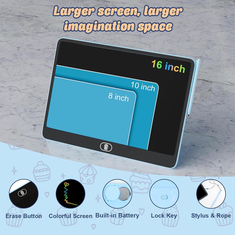 16 Inch LCD Writing Tablet, [Upgraded] Colorful Drawing Tablet Electronic Writing Board, Erasable Reusable Eye Protection Doodle Scribbler Pad, Educational Birthday Christmas Gifts for Kids - Blue - Image 3