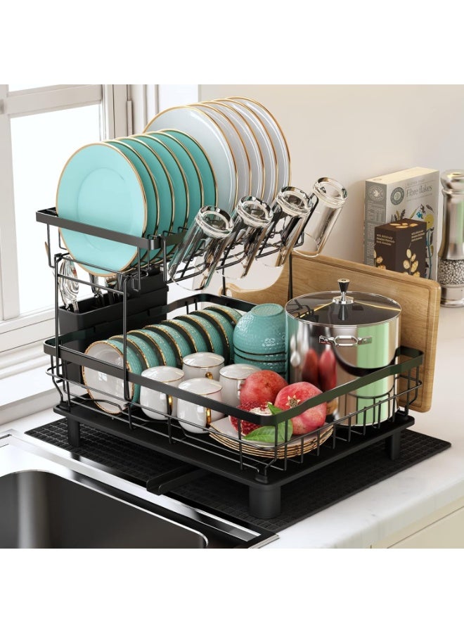 Dish Drainer Rack, 2 Tier Dish Drainer with Drip Tray and Drainer Mat, Stainless Steel Dish Rack with Utensil Holder, Swivel Spout, Draining Board for Kitchen Counter, Black