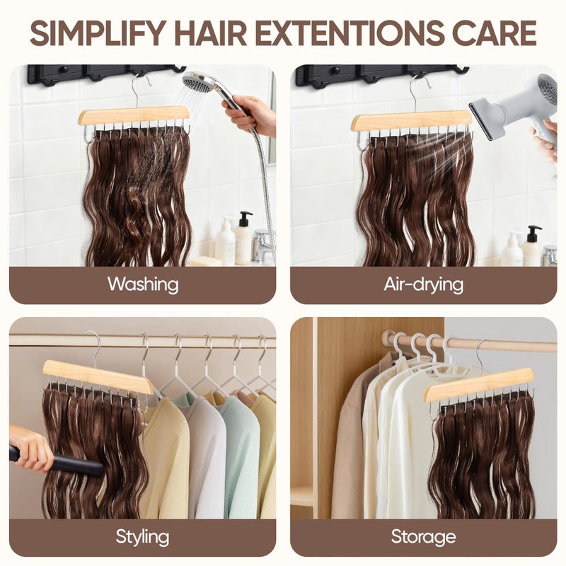 MetFun ã€2 Packã€‘ Wood Hair Extension Holder for Hair Storing, Washing, Drying, Coloring, Styling, Foldable Hair Extension Hanger, Braiding Hair Rack, Rotating Multi-Purpose Hooks Hanger - Image 4