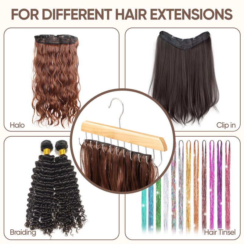 MetFun ã€2 Packã€‘ Wood Hair Extension Holder for Hair Storing, Washing, Drying, Coloring, Styling, Foldable Hair Extension Hanger, Braiding Hair Rack, Rotating Multi-Purpose Hooks Hanger - Image 3