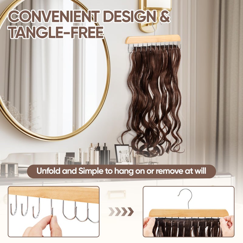 MetFun ã€2 Packã€‘ Wood Hair Extension Holder for Hair Storing, Washing, Drying, Coloring, Styling, Foldable Hair Extension Hanger, Braiding Hair Rack, Rotating Multi-Purpose Hooks Hanger - Image 5
