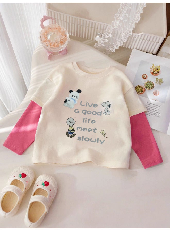 Girls' Autumn/winter Pure Cotton Long Sleeve T-shirt New Cartoon Patchwork Color Block Two-in-one Base Shirt For Older Children - Image 2