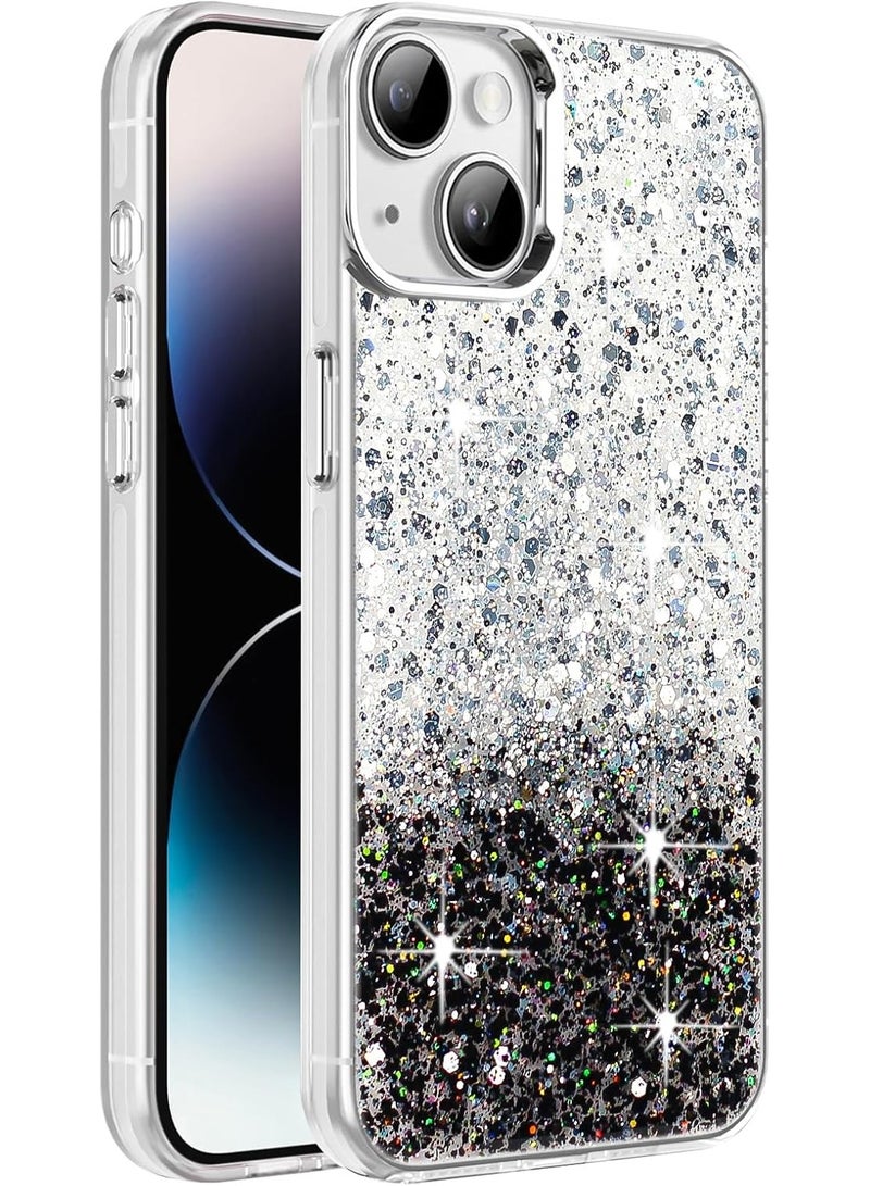 Compatible with iPhone 14 Case/iPhone 13 Case, Clear Glitter Bling Sparkly, Soft TPU Frame Bumper, Hard-Back Cover for Women & Girls, Transparent Protective (White Black) - Image 1