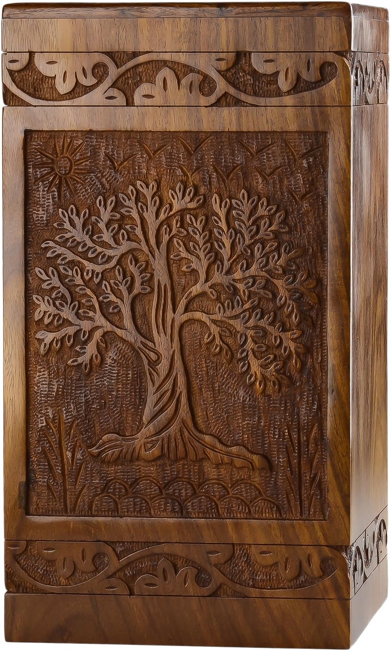 INTAJ Handcarved Wooden Cremation Urn for Human Ashes - Tree of Life Design, 250 lbs Capacity, Suitable for Adult Men and Women - Decorative Funeral Urn Box and Casket - Image 1