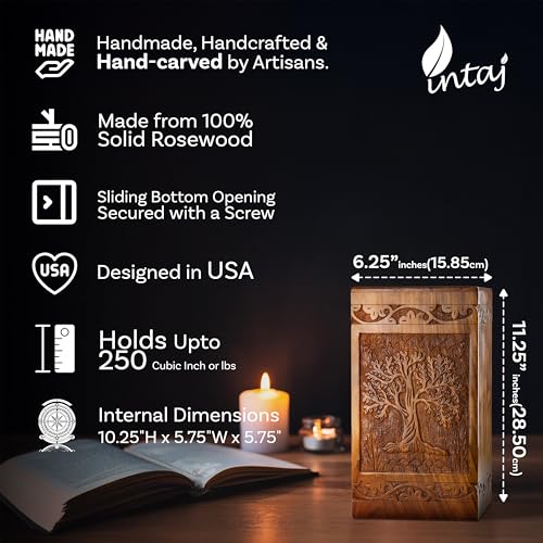 INTAJ Handcarved Wooden Cremation Urn for Human Ashes - Tree of Life Design, 250 lbs Capacity, Suitable for Adult Men and Women - Decorative Funeral Urn Box and Casket - Image 2