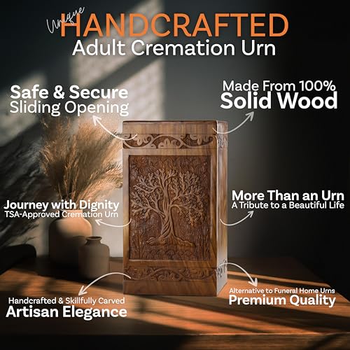 INTAJ Handcarved Wooden Cremation Urn for Human Ashes - Tree of Life Design, 250 lbs Capacity, Suitable for Adult Men and Women - Decorative Funeral Urn Box and Casket - Image 4