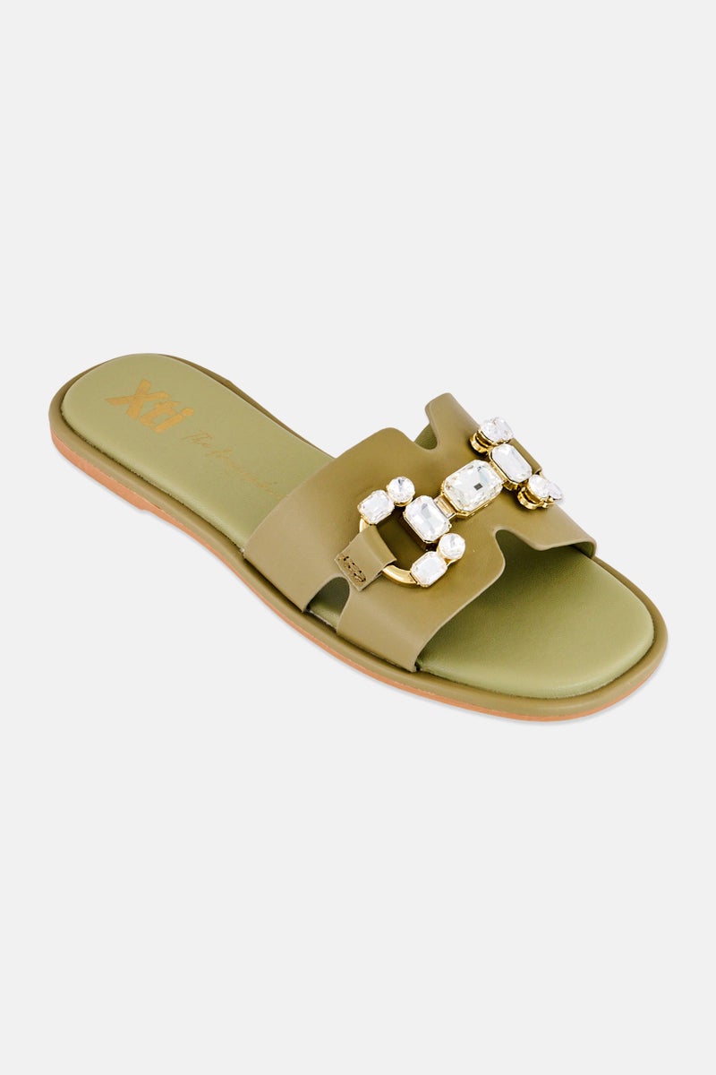 Xti Women Brand logo Slip On Flats, Olive - Image 1